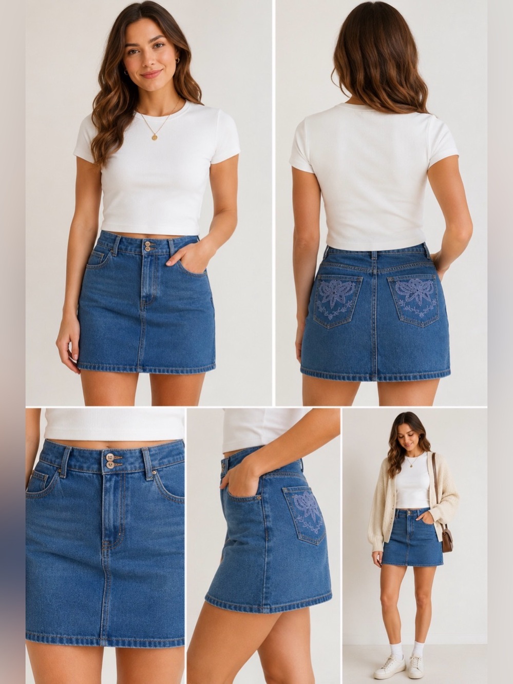 61 Vintage Together Blue Denim Mini Skirt Floral Embroidered Pockets Size 12